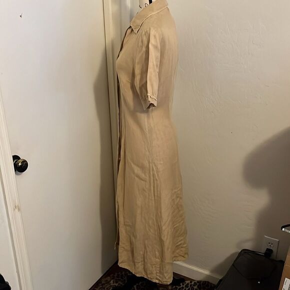 120% Lino Tan 100% Linen Button Closure Casual Dress Coastal Resort Minimalist - Picture 2 of 11